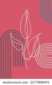Beige Botanical Abstract Floral Outline Wall Art Background. Monoline Floral Botanical Wall Art