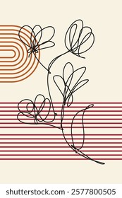 Beige Botanical Abstract Floral Outline Wall Art Background. Monoline Floral Botanical Wall Art