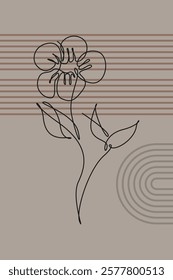 Beige Botanical Abstract Floral Outline Wall Art Background. Monoline Floral Botanical Wall Art
