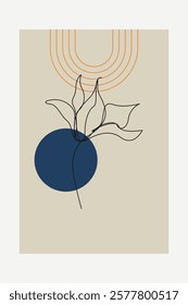 Beige Botanical Abstract Floral Outline Wall Art Background. Monoline Floral Botanical Wall Art