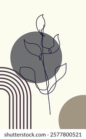 Beige Botanical Abstract Floral Outline Wall Art Background. Monoline Floral Botanical Wall Art