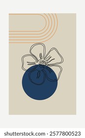 Beige Botanical Abstract Floral Outline Wall Art Background. Monoline Floral Botanical Wall Art