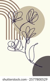 Beige Botanical Abstract Floral Outline Wall Art Background. Monoline Floral Botanical Wall Art