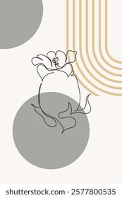 Beige Botanical Abstract Floral Outline Wall Art Background. Monoline Floral Botanical Wall Art