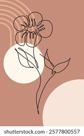 Beige Botanical Abstract Floral Outline Wall Art Background. Monoline Floral Botanical Wall Art