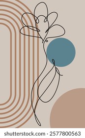 Beige Botanical Abstract Floral Outline Wall Art Background. Monoline Floral Botanical Wall Art
