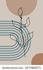 Beige Botanical Abstract Floral Outline Wall Art Background. Monoline Floral Botanical Wall Art