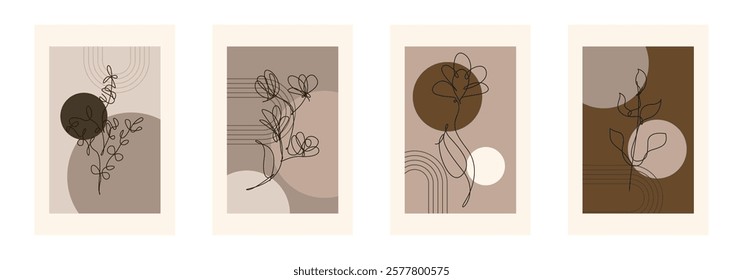 Beige Botanical Abstract Floral Outline Wall Art Background. Monoline Floral Botanical Wall Art