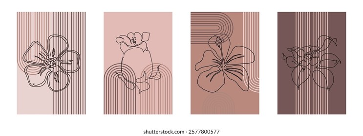 Beige Botanical Abstract Floral Outline Wall Art Background. Monoline Floral Botanical Wall Art