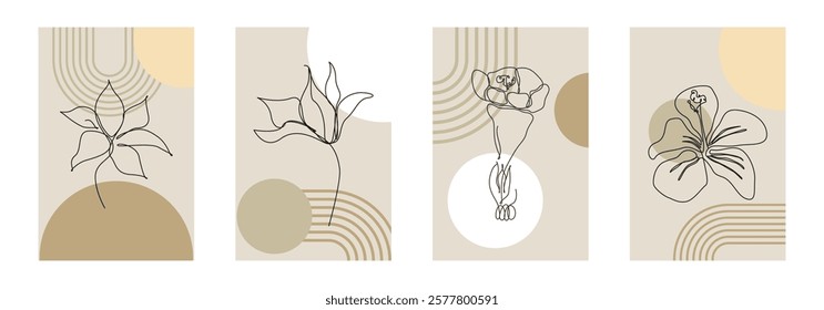 Beige Botanical Abstract Floral Outline Wall Art Background. Monoline Floral Botanical Wall Art