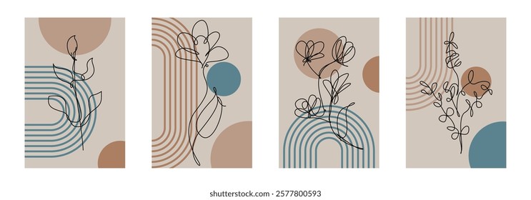 Beige Botanical Abstract Floral Outline Wall Art Background. Monoline Floral Botanical Wall Art