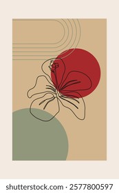 Beige Botanical Abstract Floral Outline Wall Art Background. Monoline Floral Botanical Wall Art