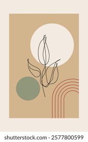 Beige Botanical Abstract Floral Outline Wall Art Background. Monoline Floral Botanical Wall Art