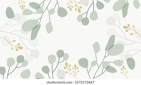 Beige botanical background, leaf border vector. Landscape green plant botanical desktop wallpaper background. Desktop background wallpaper backdrop with green plant leaves.