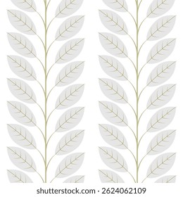 Beige branches with leaves and on a white background. Seamless pattern under clipping mask, convenient for editing. Vegetable background for paper, cover, textile, wallpapers.