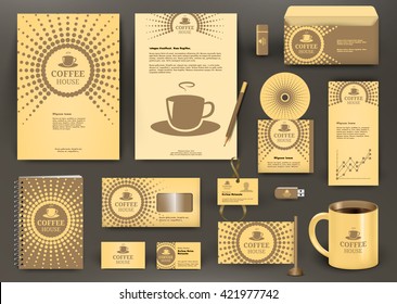 Beige branding design for coffee shop, coffee  house, cafe, restaurant. Corporate Identity kit with logo. Business stationery mockup with folder, envelop, mug, pencil, badge, flag, pennant.