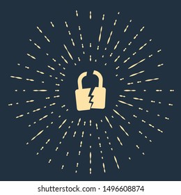 Beige Broken or cracked lock icon isolated on dark blue background. Unlock sign. Abstract circle random dots. Vector Illustration