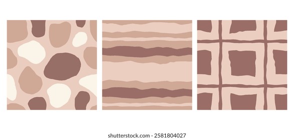 Beige and Brown Abstract Seamless Patterns Set. Hand Drawn Mocha Mousse Backgrounds collection with striped checkered spotted texture. Neutral minimalist ornaments collection