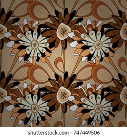 Beige, brown and black background with flowers pattern. Vector floral seamless pattern.