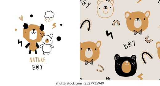 Beige brown bohemian beige brown bear seamless pattern minimalist newborn baby cartoon doodle character beige boho scandinavian background.