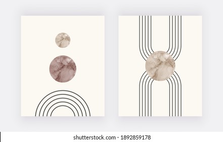 Beige with brown circle alcohol ink shapes with black lines. Boho wall art print. 