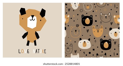 Beige brown cute bear minimalistic scandinavian boho seamless pattern forest woodland backdrop wallpaper, fabric apparel.