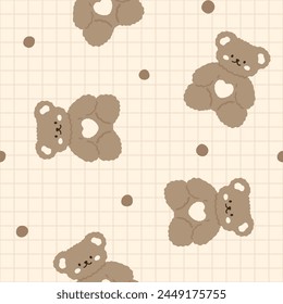 Beige and brown cute kawaii teddy bears with grid texture background and polka dots, kids neutral seamless pattern background for girl and boy. Wrapping paper childish design, fabric and textile print