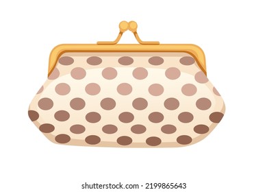 Beige with brown dots womens wallet coin purse vintage pouch leather with golden frame vector illustration isolated on white background