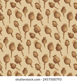 Beige brown Dry Poppy pods with seeds on a beige retro background. Floral pattern from dried flowers. Vector background for packaging, textile, clothing, fabric, wrapping paper, decoration