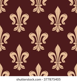 Beige and brown floral seamless pattern with french fleur-de-lis elements on dark brown background. For wallpaper and interior design