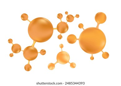 Beige, brown, gold molecule set of hyaluronic acid or collagen, nano 3D cell, vector bio scientific icon. Cosmetology treatment isolated elements. Beauty science skin care molecular concept