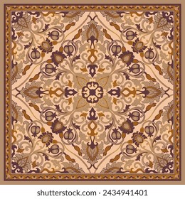 Beige and brown neck scarf with a flowers and golden contour. Vector design for a neckerchief, carpet, kerchief, bandanna, rug. Traditional floral pattern.