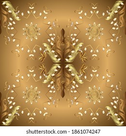 Beige, brown on background. Royal luxury golden baroque damask vintage. Vector pattern background wallpaper with gold antique floral medieval decorative 3d flowers, leaves and gold pattern ornaments.