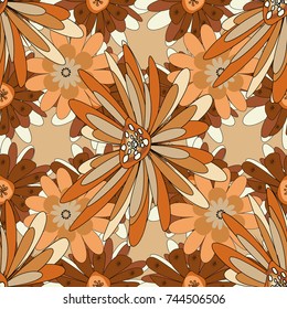 Beige, brown and orange colors vector seamless pattern with many flowers.