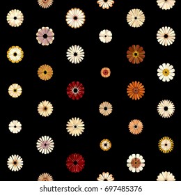 Beige, brown, orange, sandy, white gradient spot flower seamless pattern on black. Round triangle abstract floral geometric ornament for prints, textile, fabric, wrapping, cover, greeting card