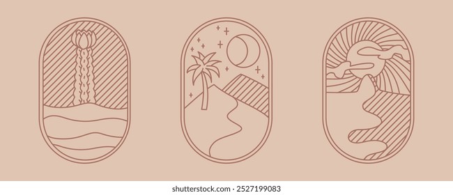 Beige und braune ovale Natur Boho Logo. Kaktus, Wüste, Sand, Palmöase, Sonnenlandschaft ästhetische Ikone. Stock, Vektorgrafik einzeln auf weißem Hintergrund im Linienstil.