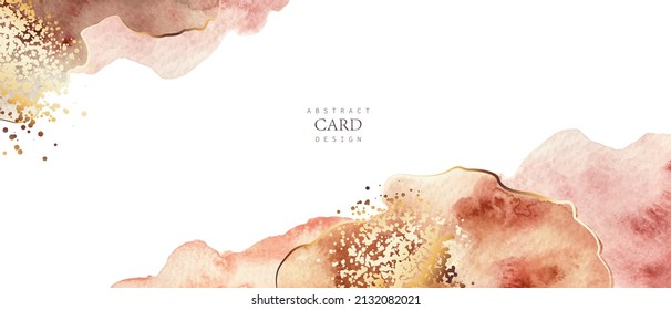 Beige, brown, pink watercolor fluid painting vector background. Golden dots, splatters. Abstract watercolor washes, forms. Elegant, shiny, chic card, cover, art design