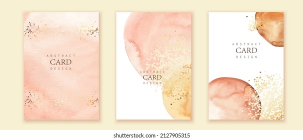 Beige, brown, pink watercolor vector background. Colorful circles with texture and golden dots, splatters. Greeting Card, flyer, cover, business design.