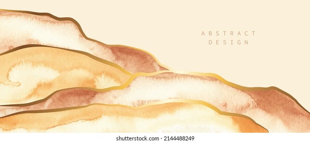 Beige, brown, pink watercolor  vector background. Golden lines, waves. Abstract watercolor washes, forms. Elegant, shiny, chic card, cover, art design
