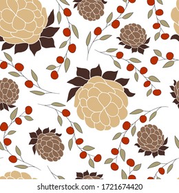 Beige, brown and red berries on a white background. Vector seamless pattern. Design for cloth, card, print, wrapping. 