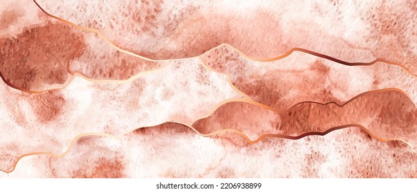 Beige, Brown, Red Watercolor Fluid Painting Vector Background Design. Marble, Stone Texture With Golden Lines.