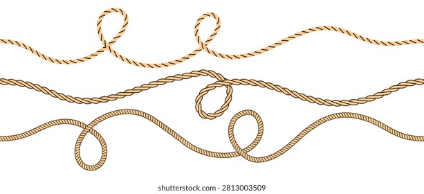 Beige brown rope wave pattern collection. Repeated squiggle curve thread lace set. Repeating hemp cord motif bundle. Wiggly braid twine plait loops. Tangled chain, wire or yarn string tie pack. Vector