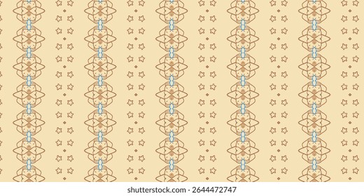 Beige and brown seamless pattern with floral and star elements, creating a vintage textile or wallpaper look. Abstract, seamless, floral, vintage, stars design.