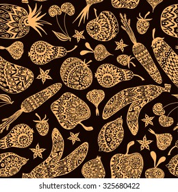 Beige And Brown Seamless Pattern With Fruits And Vegetables