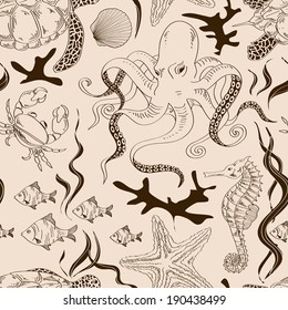Beige brown seamless pattern of hand drawn sea animals