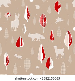 Beige brown seamless pattern. Wild forest animals among the trees. Vector illustration.