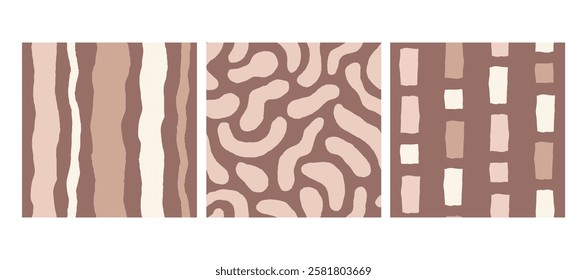 Beige and Brown Seamless Patterns Set. Hand Drawn Abstract Geometric Backgrounds Collection with striped checkered spotted texture and organic shapes.