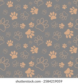 Beige and brown seamless paw print pattern. Animal paw vector seamless pattern, cartoon silhouette paws cat or dog