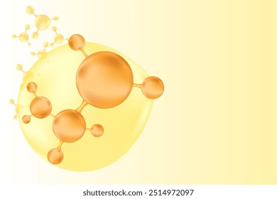 Bege, molécula brilhante marrom, fundo futurista para tratamento de beleza nutrição skincare pano de fundo com espaço de cópia. Colagênio, peptídeo ou estrutura de ácido hialurônico com fórmula de soro de bolha de ouro.