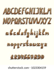 Beige brown shiny three-dimensional font with chamfer and shadow and reflection, as well as a full set of capital and lowercase letters, numbers and punctuation marks, as well as additional elements